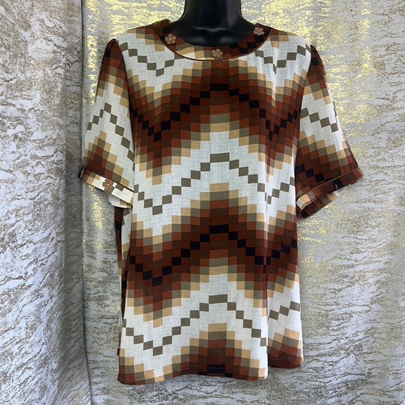 Vintage🧚♀️Chance Zigzag Print Short Sleeve Blouse - Picture 2 of 16